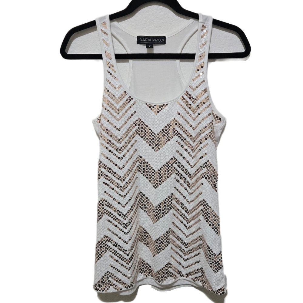 ALMOST FAMOUS Sequin Tank Top White and Gold Chevron Pattern Racerback Small